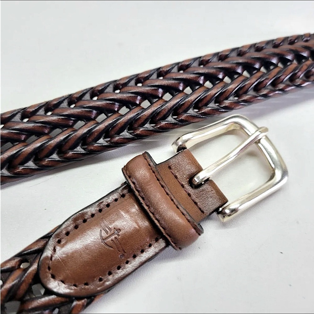 Dockers Brown Leather & PU Leather Woven Belt  38” L Adjustable Sz Silver Buckle - Picture 8 of 16